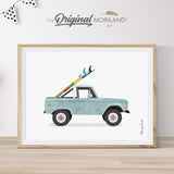 Pale Blue Open Bronco Truck with Surfboards Print - Printable Art, Vintage Car Print, Printable Surfboard Art, Surf Art, Surf Nursery Wall Art, Gifts for Kids, Coastal Bedroom Poster, MORILAND®