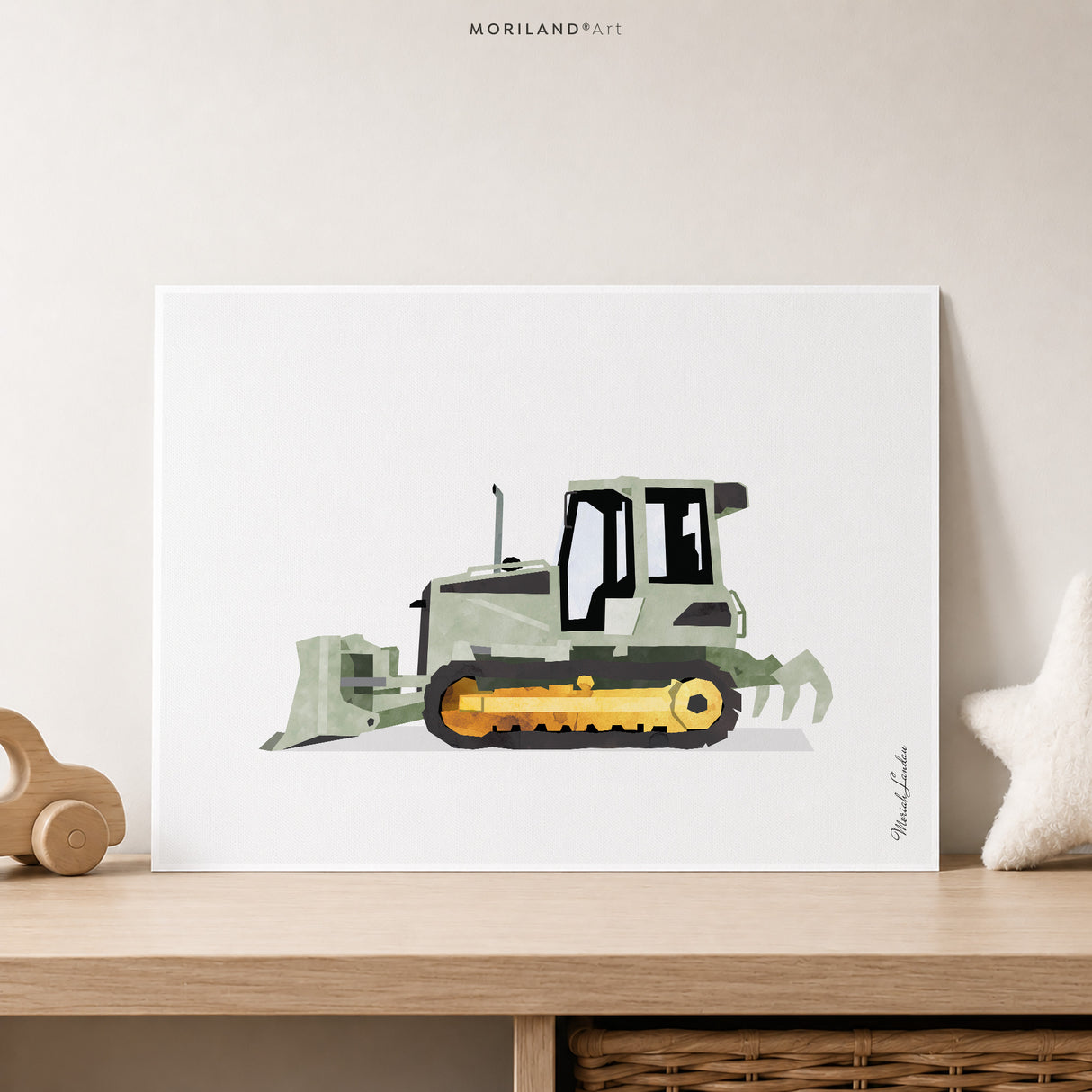Sage Green Bulldozer Fine Art Paper Print for Boys Room Decor