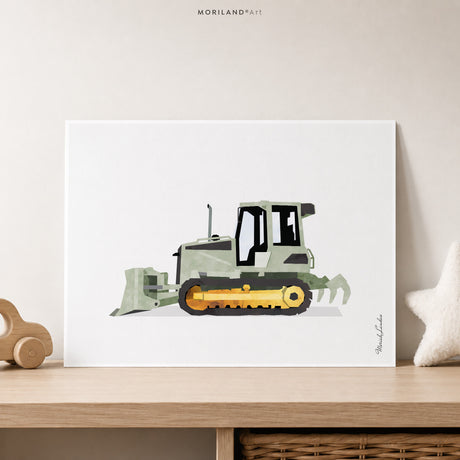 Sage Green Bulldozer Fine Art Paper Print for Boys Room Decor