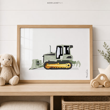 Sage green bulldozer fine art paper print for boys room construction nursery decor
