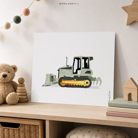 Sage Green Bulldozer Fine Art Paper Print for Boys Room Decor