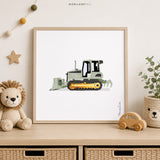 Sage Green Bulldozer Fine Art Paper Print for Boys Room Decor