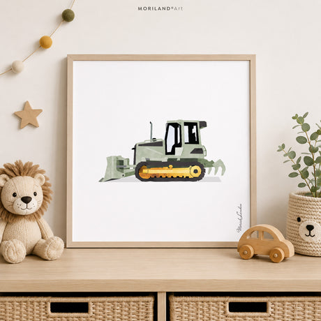 Sage Green Bulldozer Fine Art Paper Print for Boys Room Decor