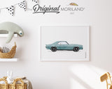 Pale Blue Classic Car With White Racing Stripes Print - Printable Art