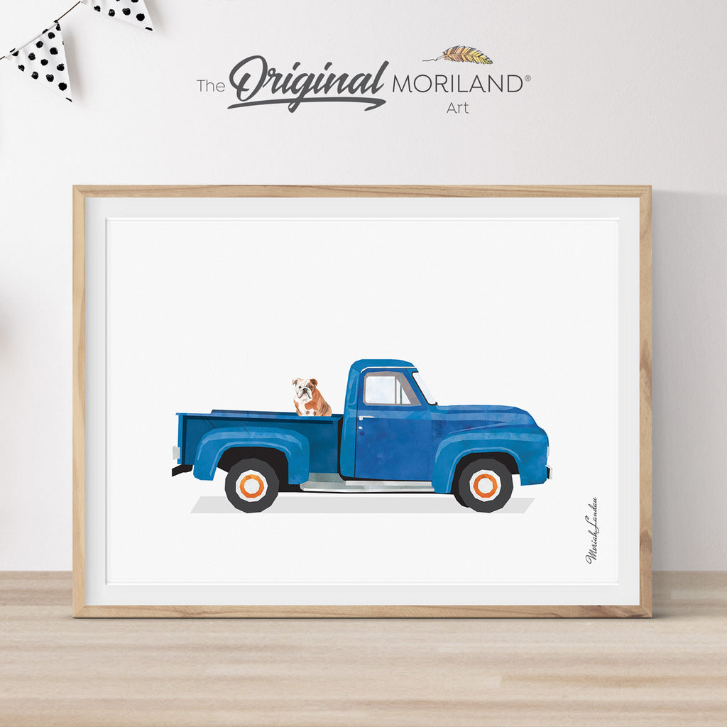 Blue Old Truck With English Bulldog Dog Print - Printable Art