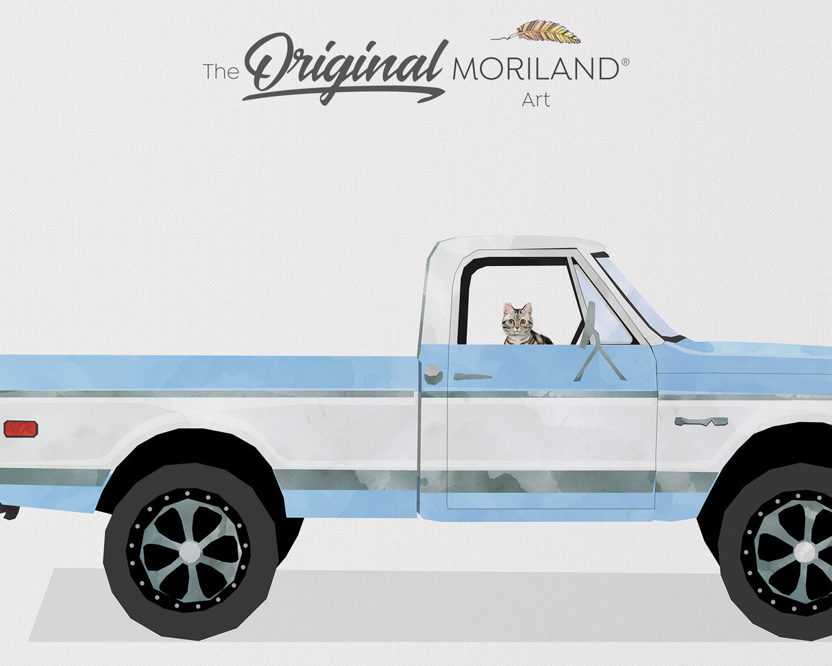 Baby Blue Classic Truck with American Shorthair Cat Print - Printable Art