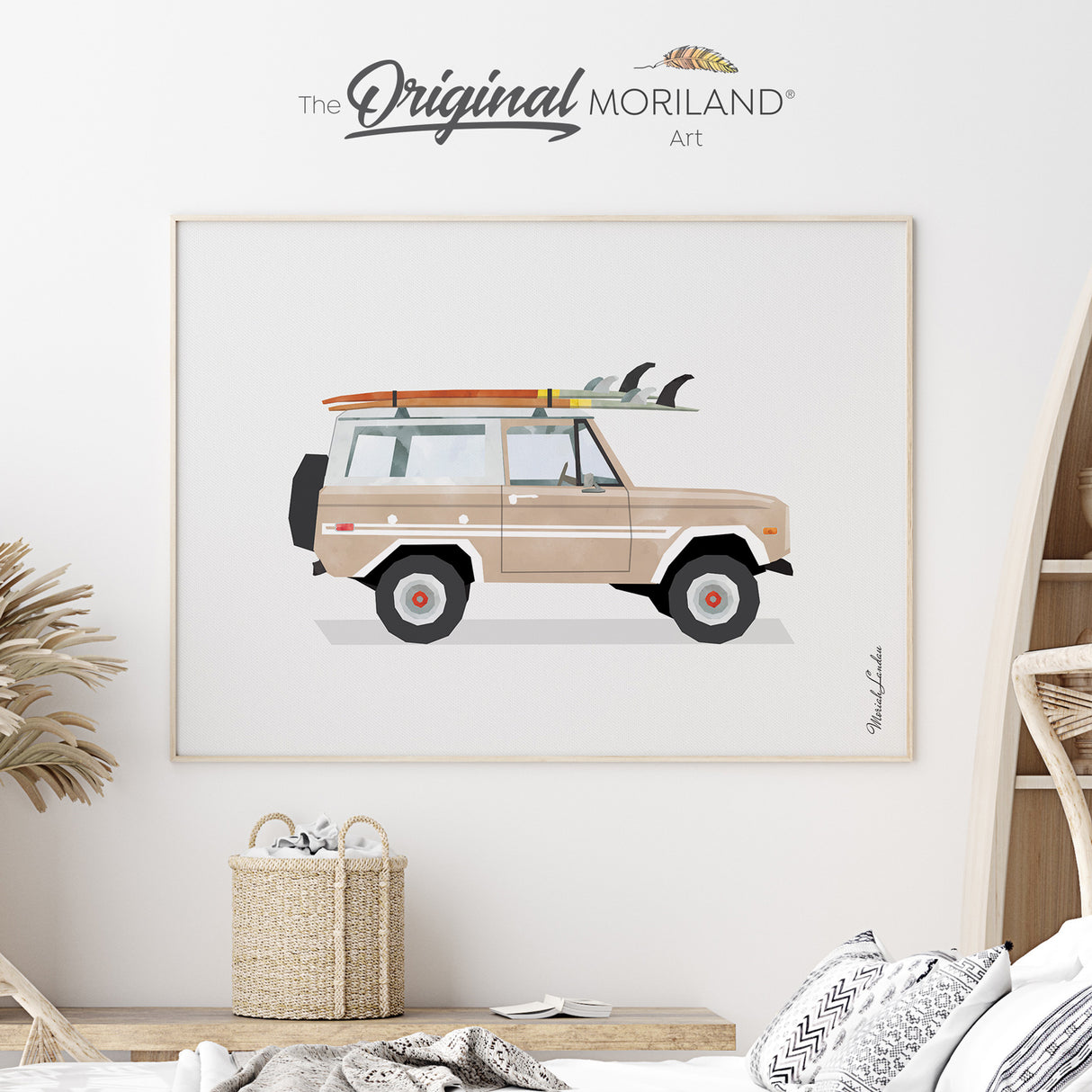 Nude Color Beige Classic Ford Bronco Artwork With Surfboards Printable Wall Art for Girl Nursery Décor