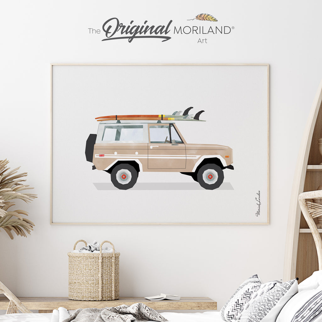 Nude Color Beige Classic Ford Bronco Artwork With Surfboards Printable Wall Art for Girl Nursery Décor