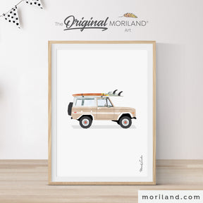 Beige Classic SUV with Surfboards Print - Printable Art, perfect for boys' rooms, nurseries, or beach-themed decor.