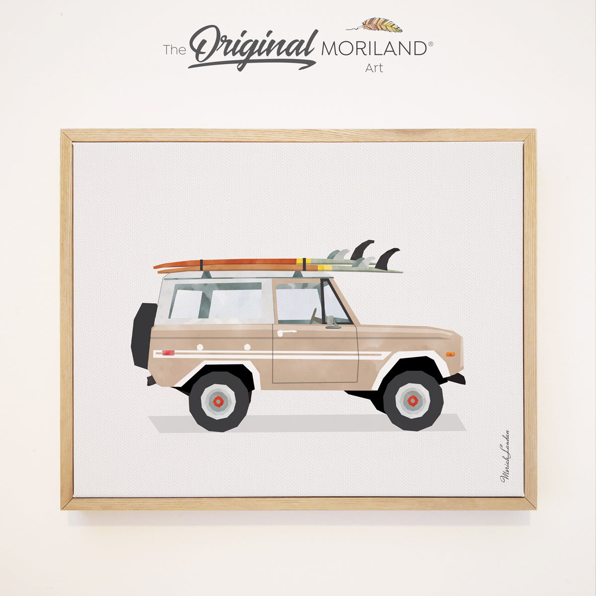 Beige Classic Bronco SUV with Surfboards - Framed Canvas Print | Surf Car Print, Classic Car Art, Boys Nursery Decor, Vintage Surf Printable, Girl Boy Room Wall Decor, Bus Decor, Surfboard, Surf Decor, Transportation Decor, Vehicle Print, Kids Wall Art by MORILAND