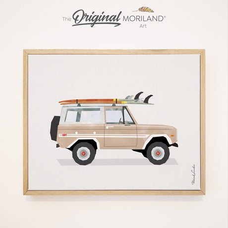 Beige Classic Bronco SUV with Surfboards - Framed Canvas Print | Surf Car Print, Classic Car Art, Boys Nursery Decor, Vintage Surf Printable, Girl Boy Room Wall Decor, Bus Decor, Surfboard, Surf Decor, Transportation Decor, Vehicle Print, Kids Wall Art by MORILAND