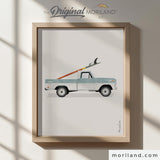 Pale Blue Classic Ford Ranger Truck with Surfboard Print | Vertical - Printable Art