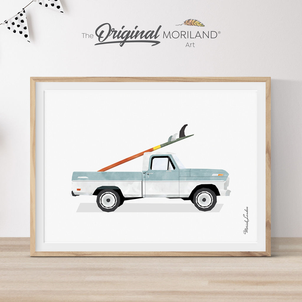 Pale Blue Classic Truck with Surfboard Print - Printable Art, Printable Surfboard Wall Art, Surf Art, Classic Car Wall Art, Coastal Bedroom Poster, Boho, MORILAND® 
