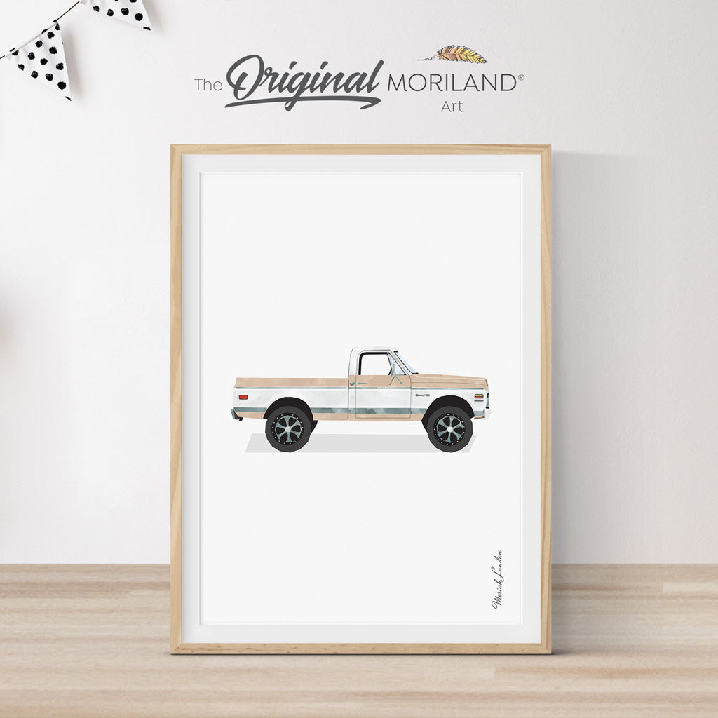 Beige Classic Pickup Truck Print | Vertical  - Printable Art, Printable Surfboard Wall Art, Surf Art, Classic Car Wall Art, Coastal Bedroom Poster, Boho, MORILAND® 