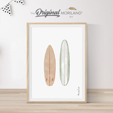 Beige and sage green surfboards print art, featuring a minimalist design on a neutral background, perfect for beach-themed home decor.