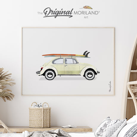 Cream Vintage VW Beetle Bug Car with Surfboards Fine Art Paper Print