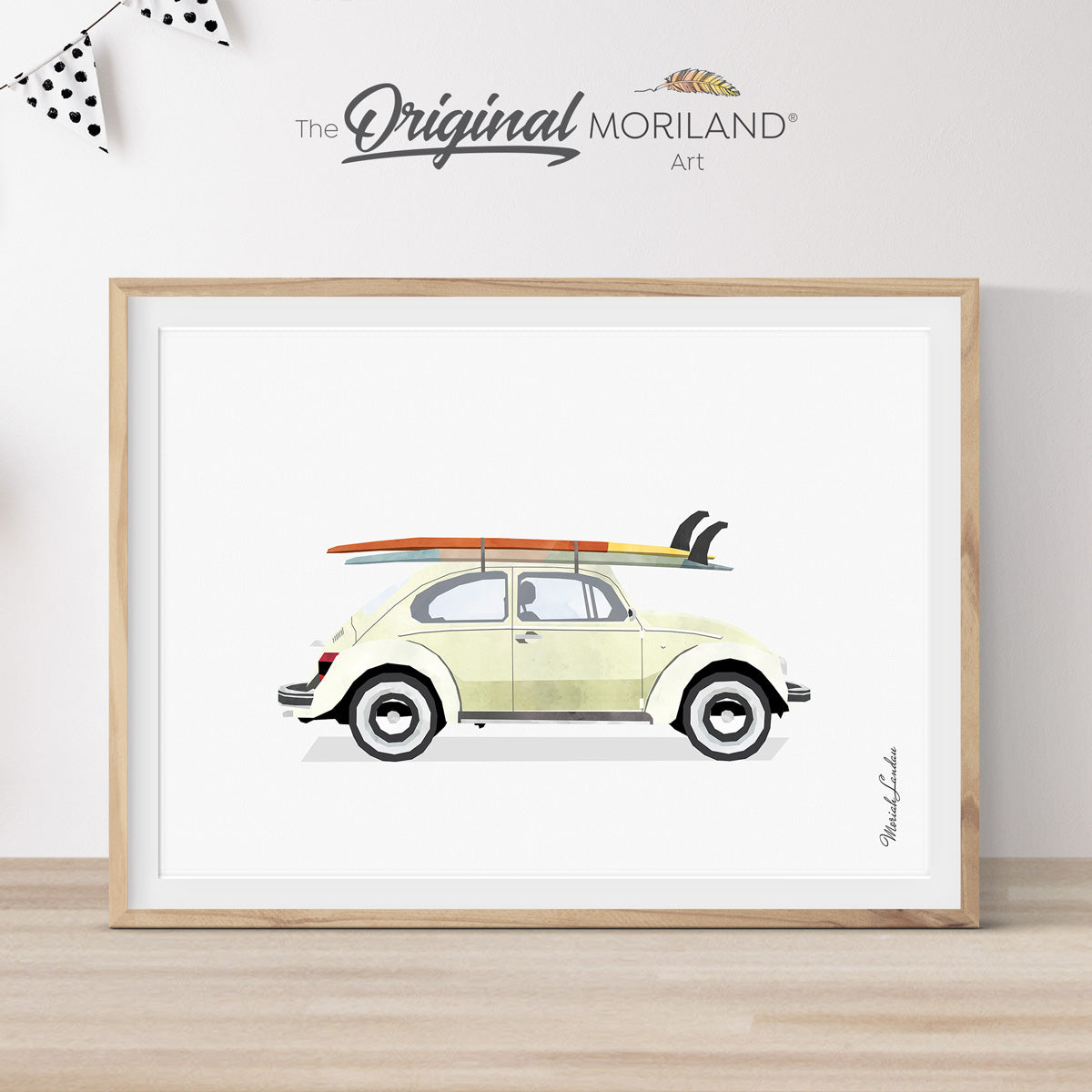 Off white classic VW Bug Beetle small family car with surfboards print, retro-inspired printable art for beach house or kids' room decor