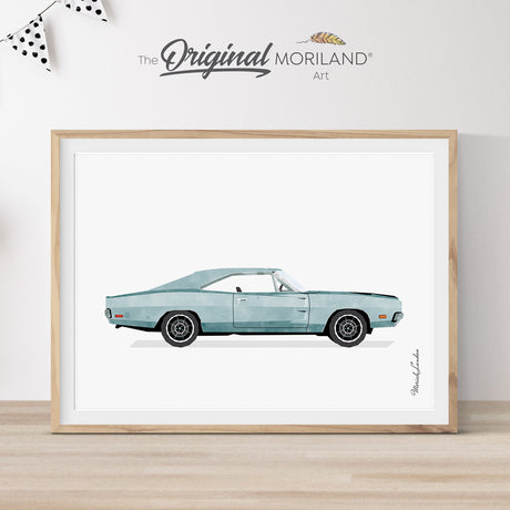 1969 Dodge car art print wall art poster for blue nursery decor