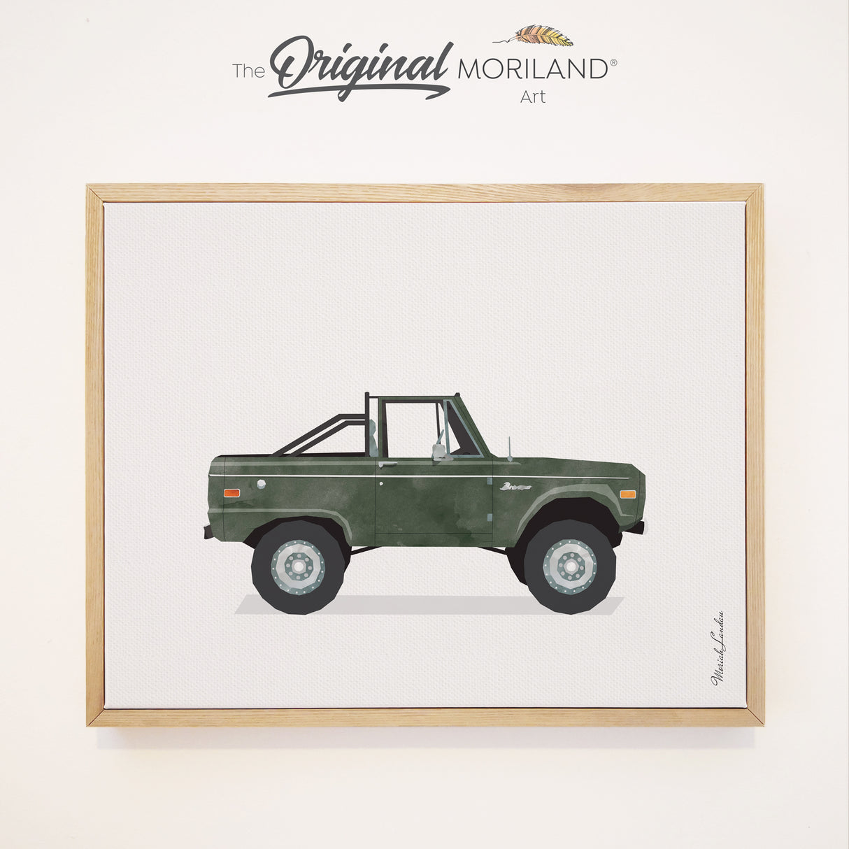 Dark green Ford Bronco pickup truck framed canvas print, vintage car wall art for nursery, toddler room, or kids’ transportation decor.