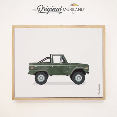 Dark green Ford Bronco pickup truck framed canvas print, vintage car wall art for nursery, toddler room, or kids’ transportation decor.