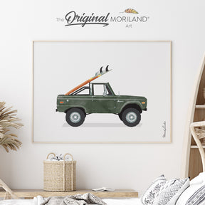 Dark Green Bronco truck with surfboards printable wall art for boy nursery décor