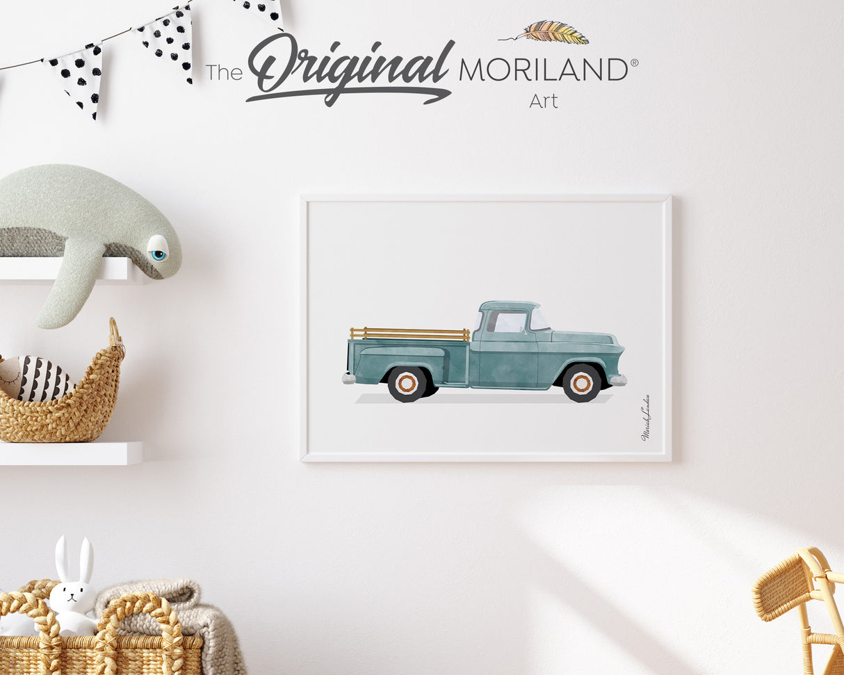 Pale Blue Old Pickup Truck with Wooden Bed Print - Printable Art