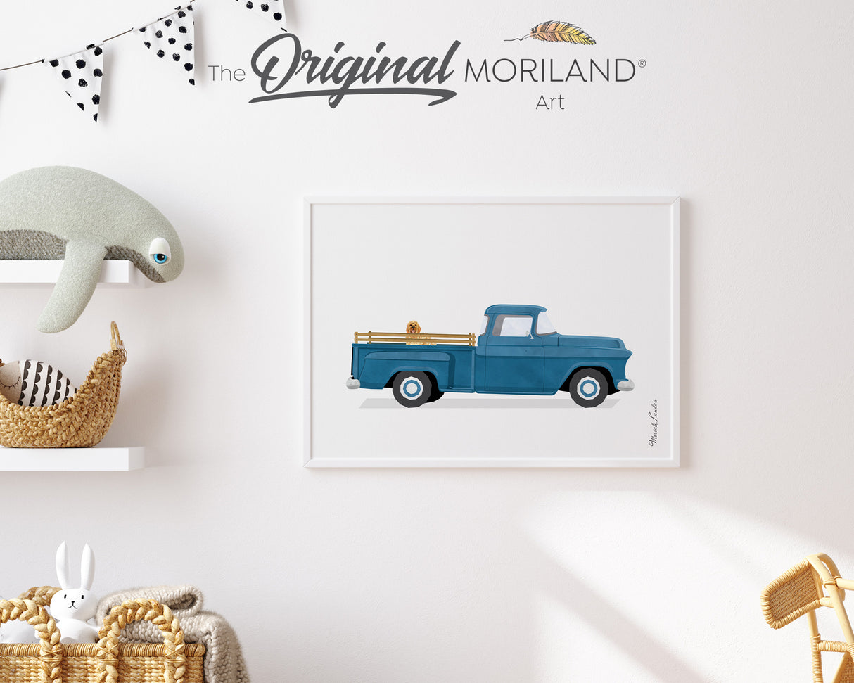 Vintage Blue Old Truck with Mini Goldendoodle Dog Print - Printable Art