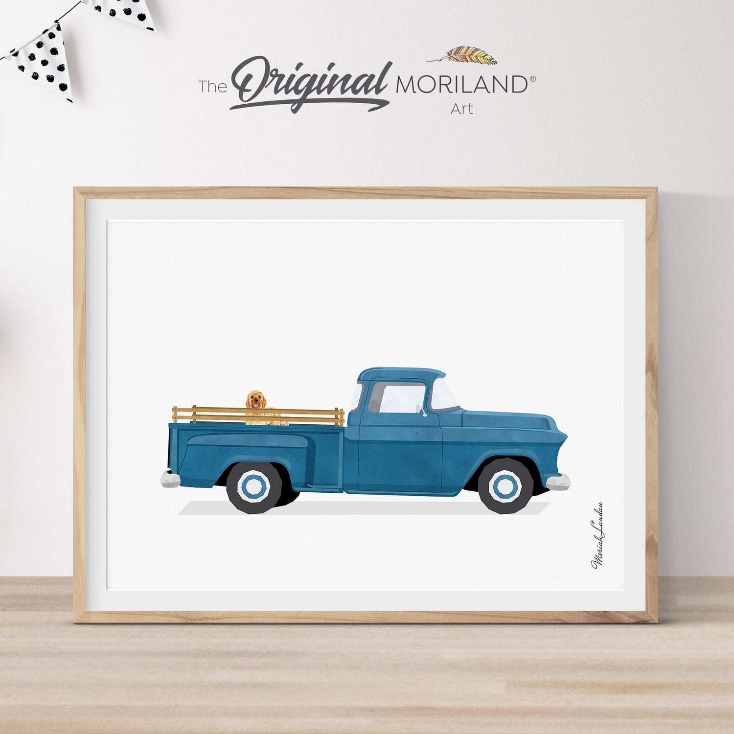 Vintage Blue Old Truck with Mini Goldendoodle Dog Print - Printable Art