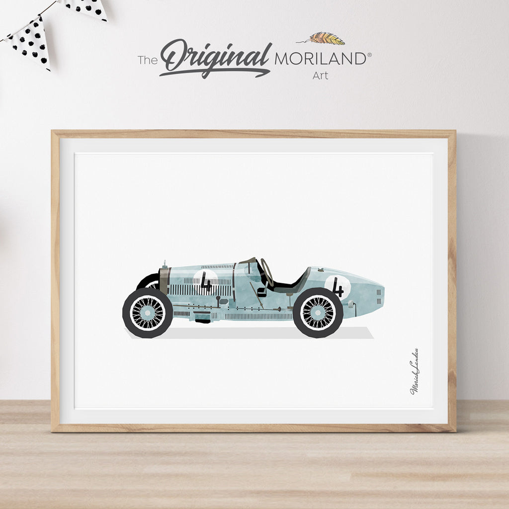 Pale Blue Vintage Race Car Print - Printable Art, Boy Nursery Decor, Car Printable Poster | MORILAND® 