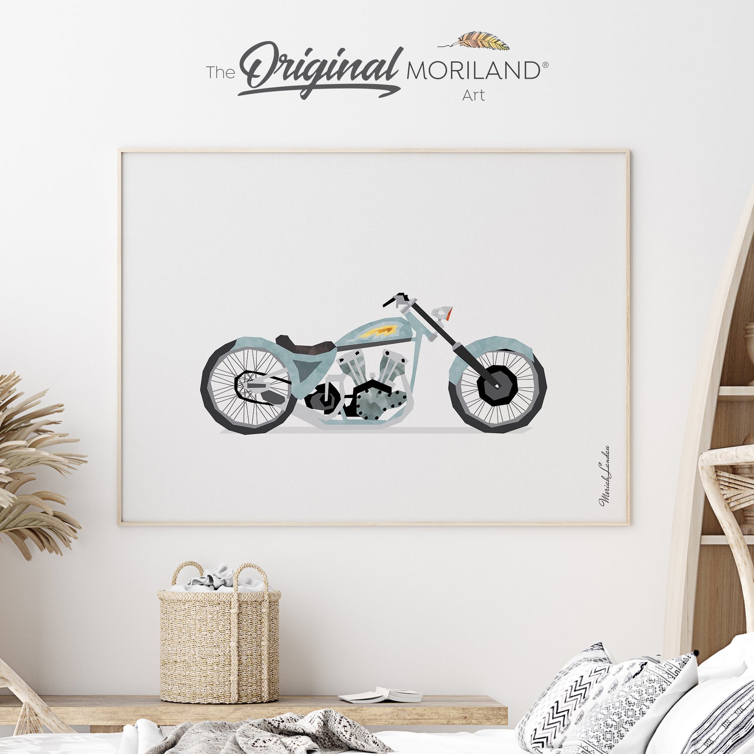 Pale Blue Vintage Harley Davidson Motorcycle Fine Art Paper Print