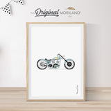 Pale blue vintage Harley Davidson motorcycle print in a vertical format, perfect for decorating boy nurseries, big boy rooms, teen rooms, or dorms. Printable art with a retro motorcycle design.
