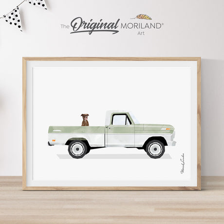 Sage Green Classic Ford Truck with Brown Labrador Dog Print - Printable Art, Pet Printable Poster, Pet Memorial Gift, Pet Portrait, Goldendoodle | MORILAND®