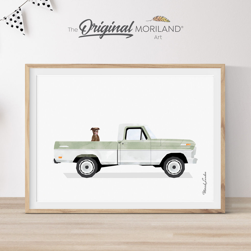 Sage Green Classic Ford Truck with Brown Labrador Dog Print - Printable Art, Pet Printable Poster, Pet Memorial Gift, Pet Portrait, Goldendoodle | MORILAND®