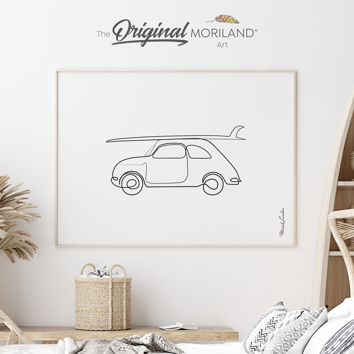 Minimalist one-line drawing of a classic car Fiat 500 with a surfboard on top, printed on premium fine art paper by MORILAND