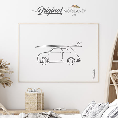 Minimalist one-line drawing of a classic car Fiat 500 with a surfboard on top, printed on premium fine art paper by MORILAND