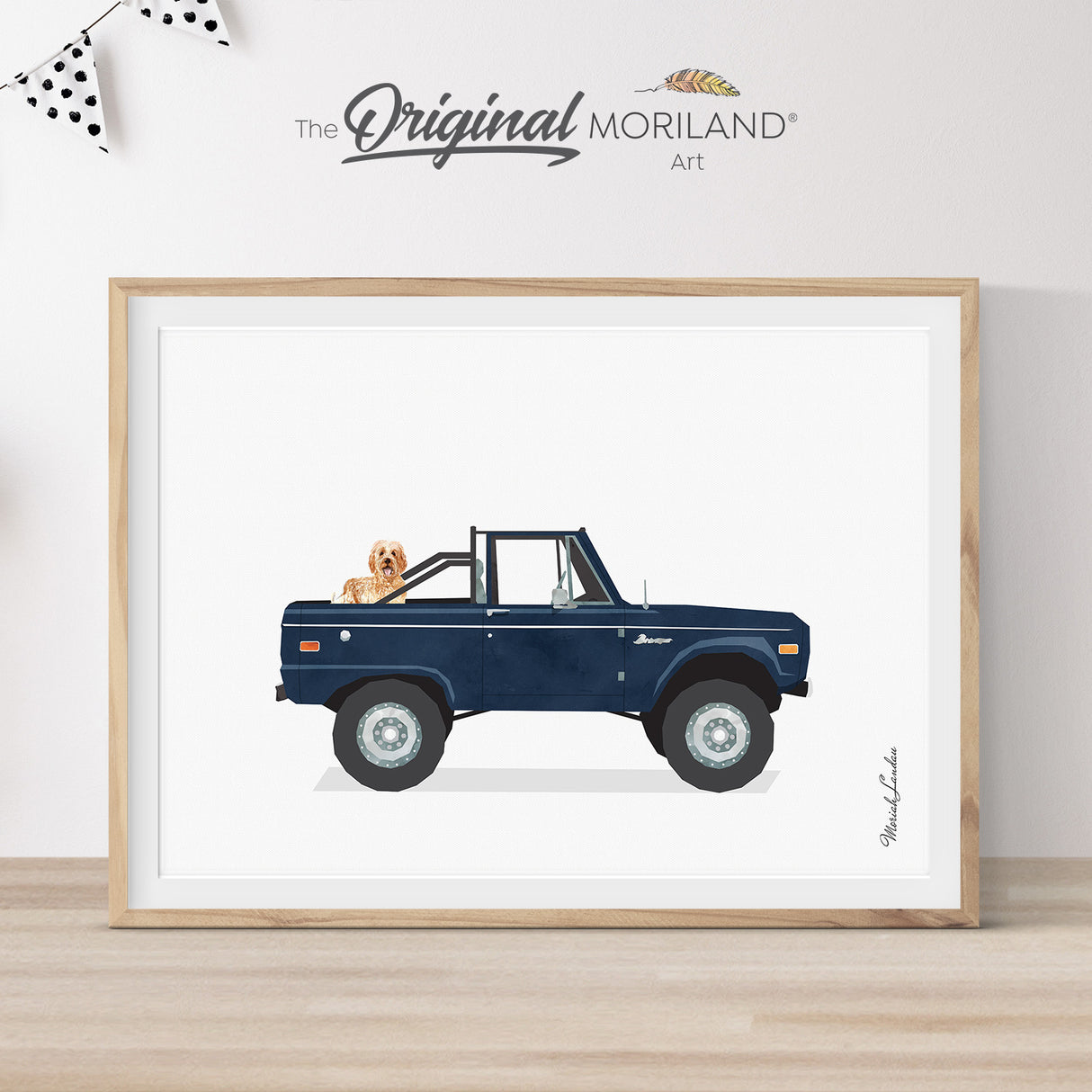 Navy Blue Classic Truck with Goldendoodle Dog Print - Printable Art, Golden Doodle in Pickup Truck Wall Art, Pet Printable Poster, Pet Memorial Gift, Pet Portrait | MORILAND®