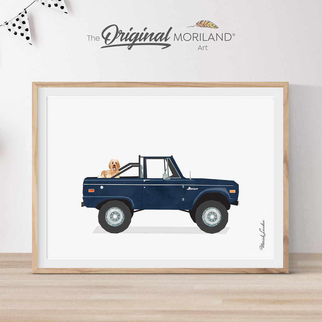 Navy Blue Classic Truck with Goldendoodle Dog Print - Printable Art, Golden Doodle in Pickup Truck Wall Art, Pet Printable Poster, Pet Memorial Gift, Pet Portrait | MORILAND®