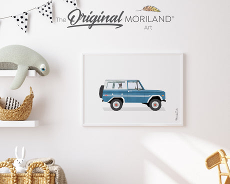 Vintage Blue Classic Car with French Bulldog Dog Print - Printable Art