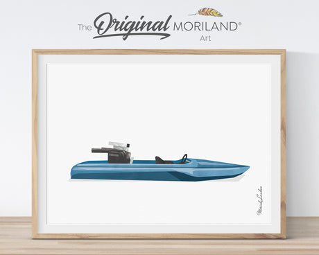 Vintage blue ski boat print, retro nautical wall art, downloadable printable for boating enthusiasts