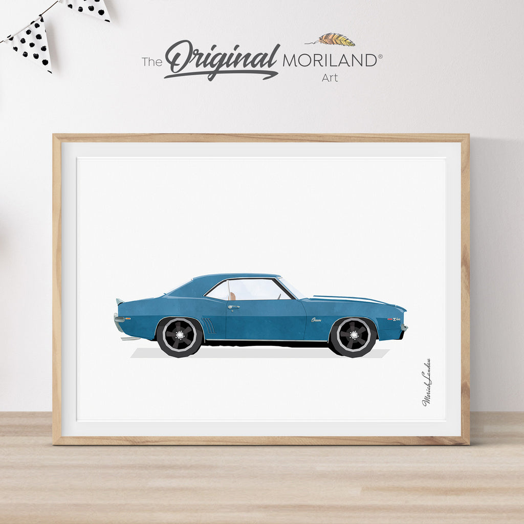 Vintage Blue Classic 1969 Chevrolet Camaro Car With White Racing Stripes Print - Printable Art, Bedroom Wall Art, Boy Nursery Print, Gift for Fathers Day, Transportation Décor, Classic Car Art, Printable Vehicle, Printable Vehicle, | MORILAND®