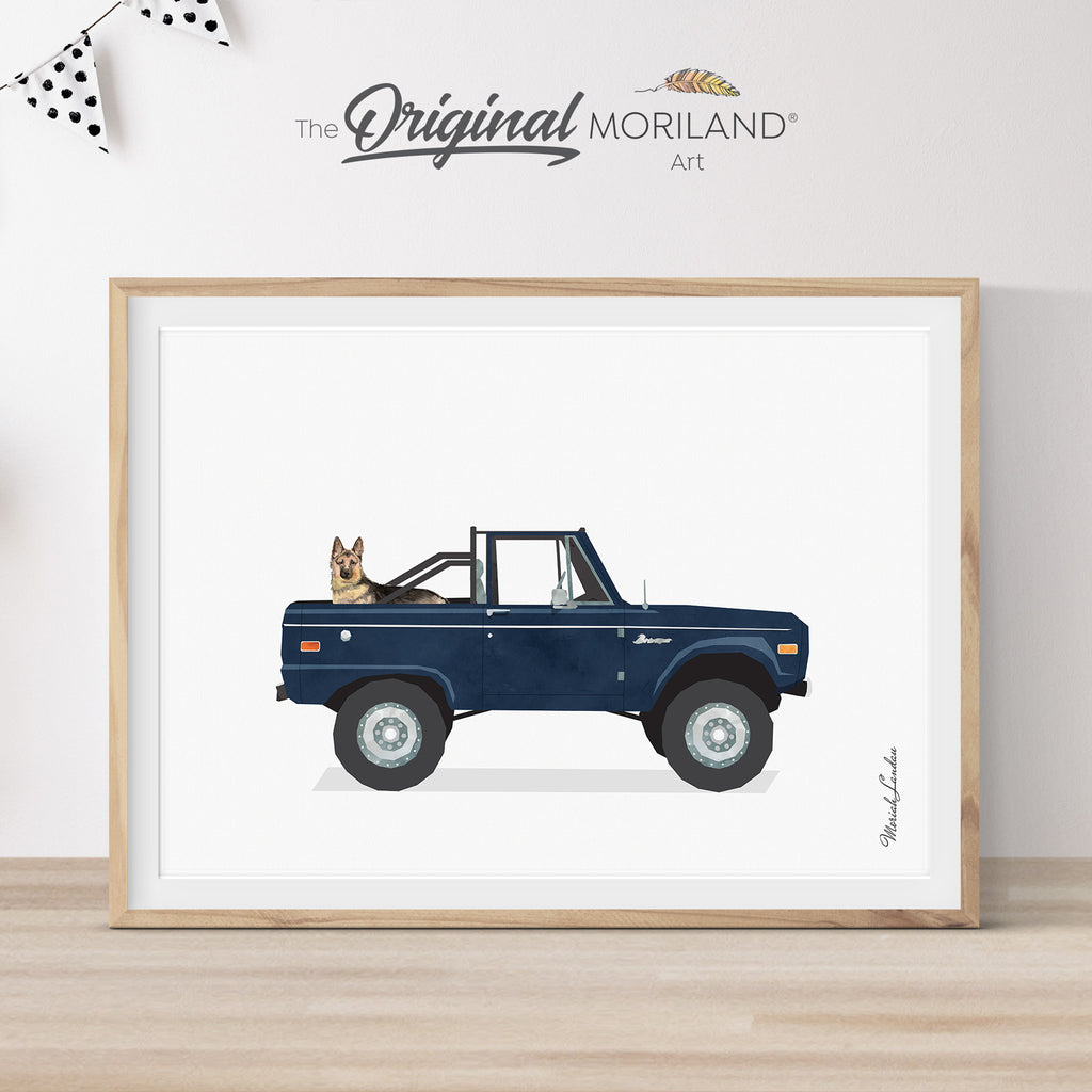 Navy Blue Classic Bronco Truck With German Shepherd Dog Print - Printable Art