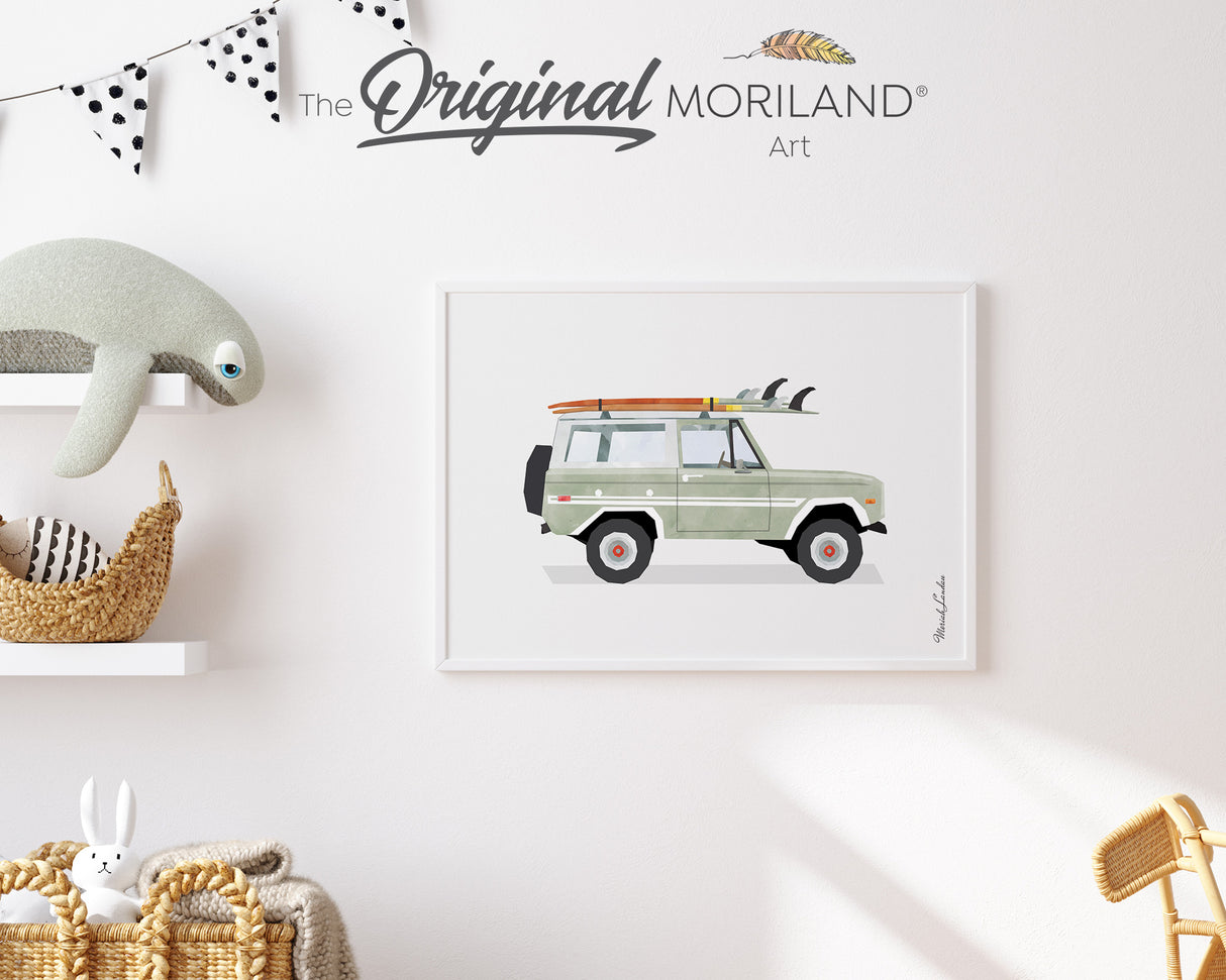 Sage Green Classic Car with Surfboards Print - Printable Art