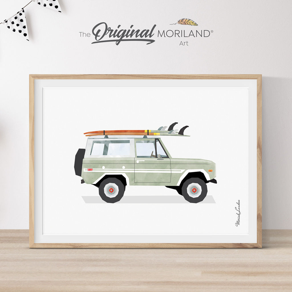 Sage Green Classic Bronco Car with Surfboards Print - Printable Art, Printable Surfboard Wall Art, Surf Art, Classic Car Wall Art, Coastal Bedroom Poster, Boho, MORILAND® 