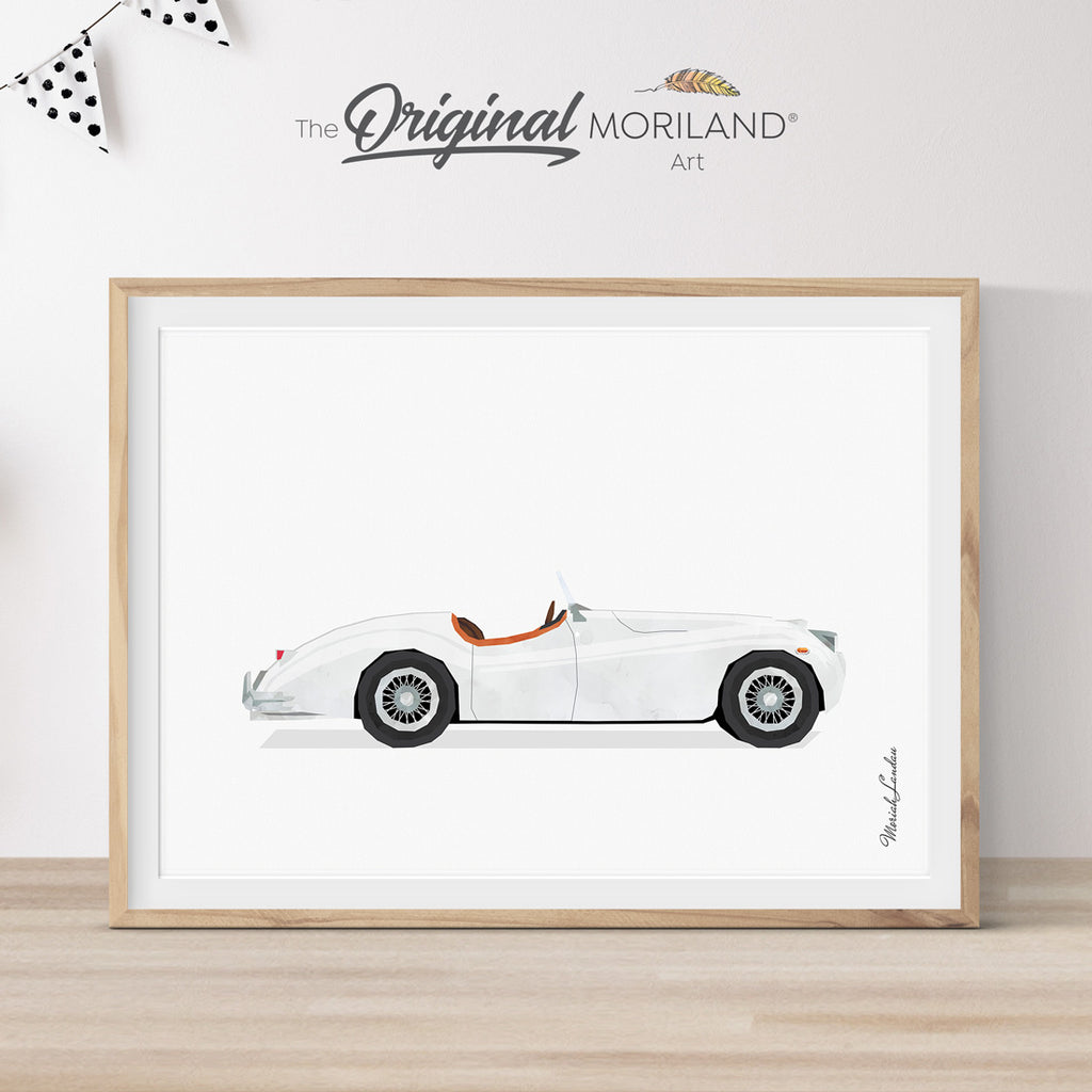 White Classic Jaguar Convertible Car Print - Printable Art, Boy Nursery Décor, Car Wall Art, Transportation Décor, Car Printable, Big Boy Room Décor | MORILAND®