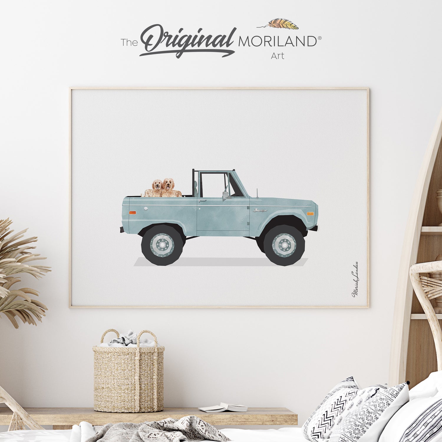 Pale Blue Classic Ford Bronco Truck with Goldendoodle Dogs | Fine Art Paper Print