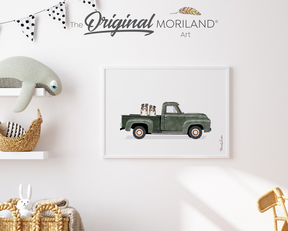 Dark Green Old Truck with Australian Shepherd Dogs Print - Printable Art