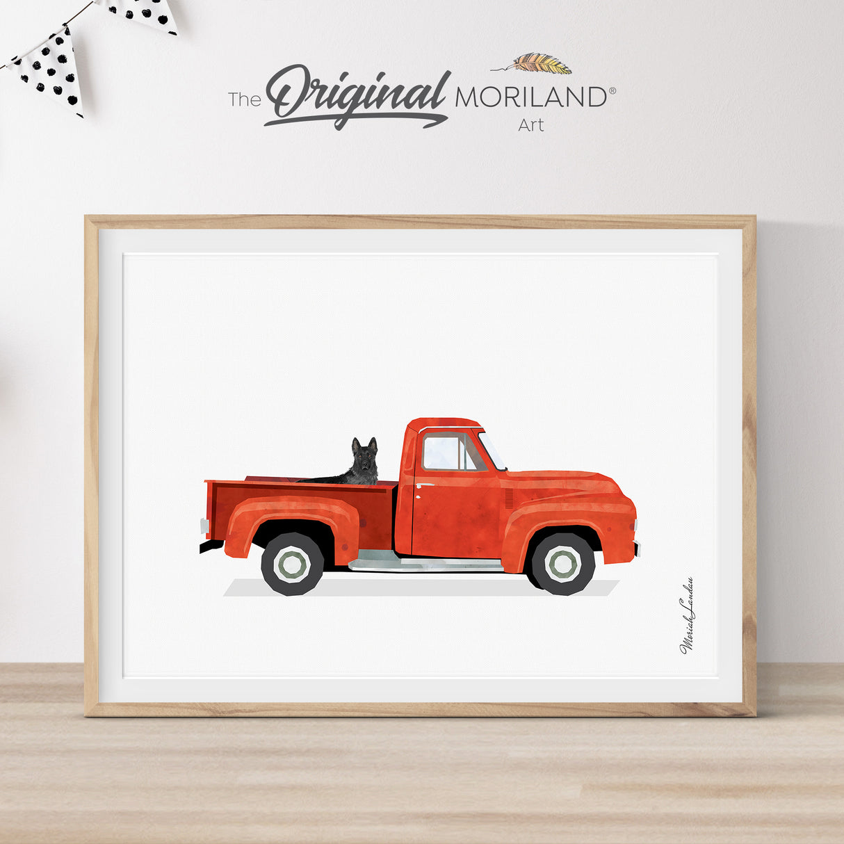 Red Old Ford Truck With Black German Shepherd Dog Print - Printable Art