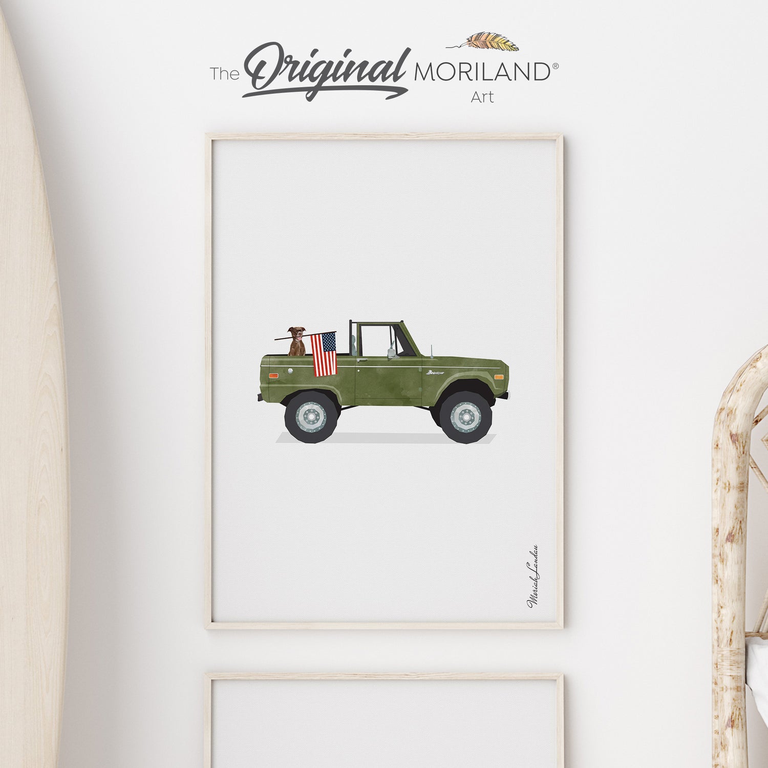Army Green Classic Bronco Truck with Labrador Dog Wall Art - Fine-Art Print for Kids Nursery & Big Boy Room