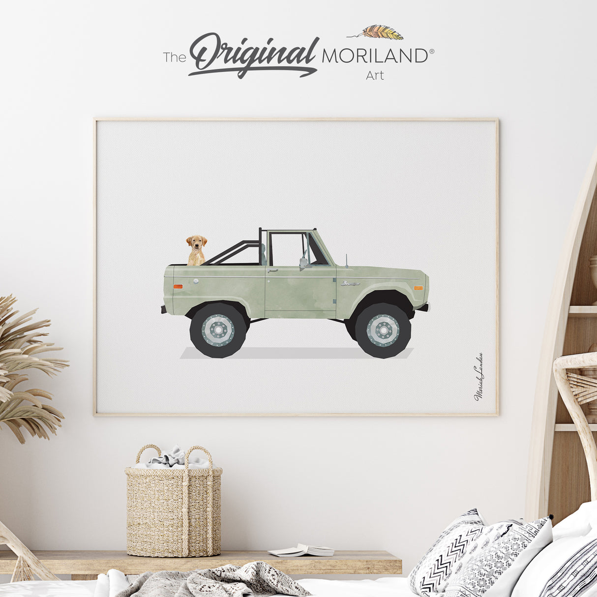 Sage Green Classic Ford Bronco Truck with Labrador Retriever Dog Fine Art Paper Print