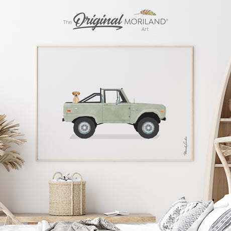 Sage Green Classic Ford Bronco Truck with Labrador Retriever Dog Fine Art Paper Print